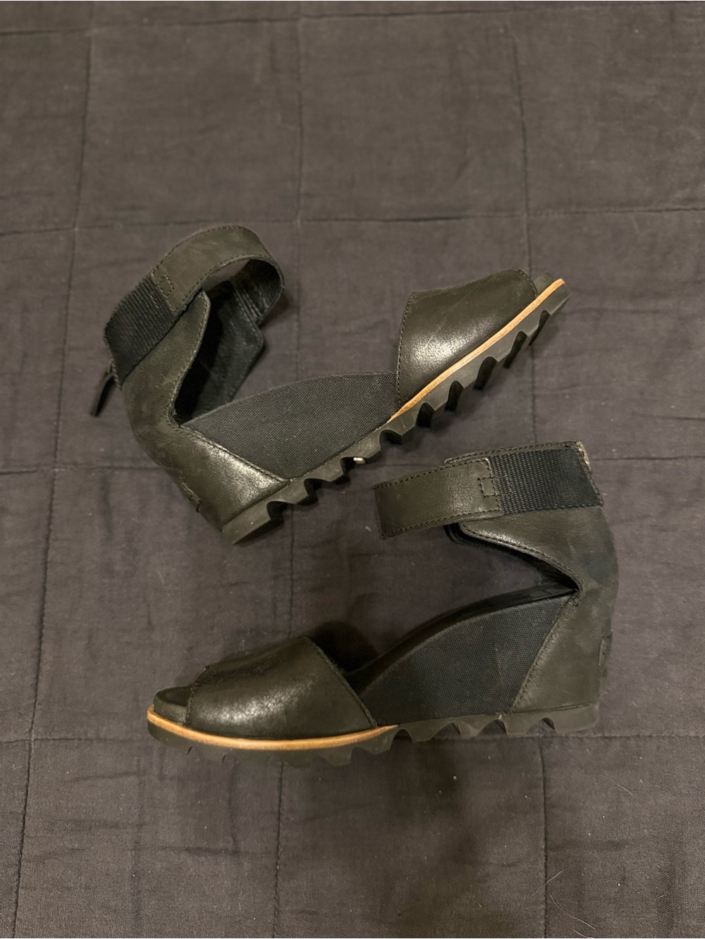 Sorel Joanie II Black Wedge Sandals with Ankle Strap